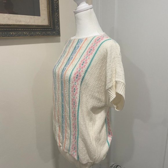 Vintage 80’s Cream & Pastel Striped Short Sleeve Sweater  By Bay Point Trading - Picture 2 of 4